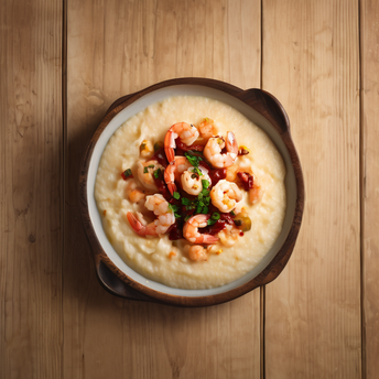 Shrimp and grits in a bowl on a light wooden table.