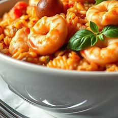 Bowl of shrimp and rice paella garnished with basil and olives.