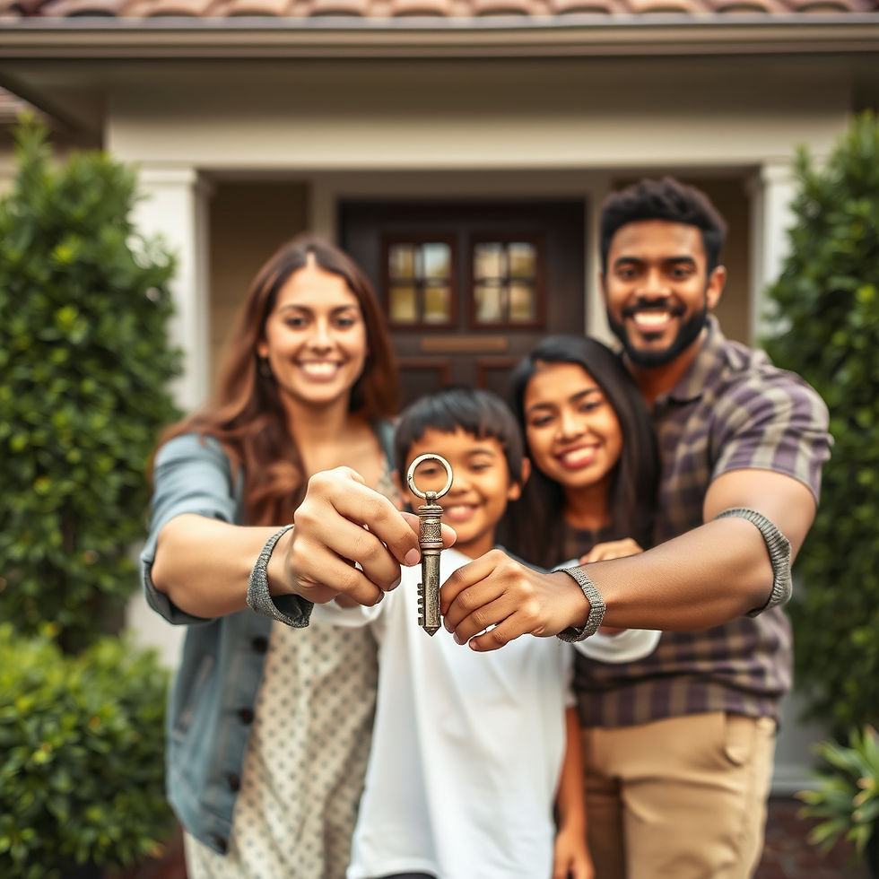 photo of a happy multicultural family holding a key to their new home and standing in fron