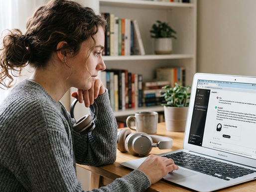 Woman viewing an LLM-Generated recommendation for headphones on a laptop