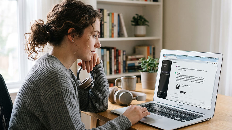 Woman viewing an LLM-Generated recommendation for headphones on a laptop