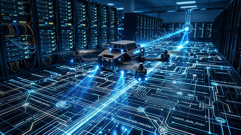 Abstract image illustrating a an AI search bot combing through service in search of data