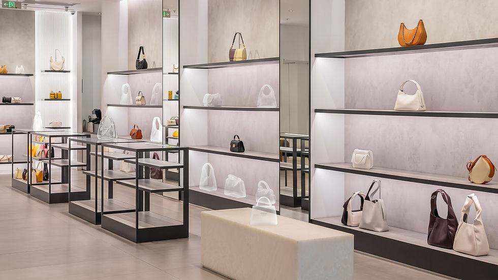 A brightly lit handbag store where most of the merchandise appears translucent — present and in stock, but invisible to anything trying to read it.