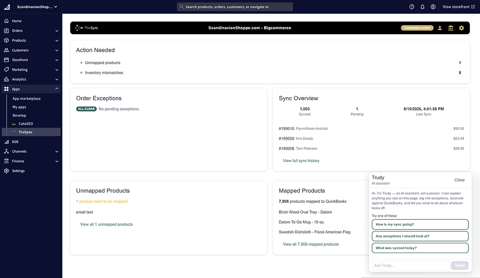 Trudy, TruSync's AI assistant, answering sync questions inside the store dashboard.