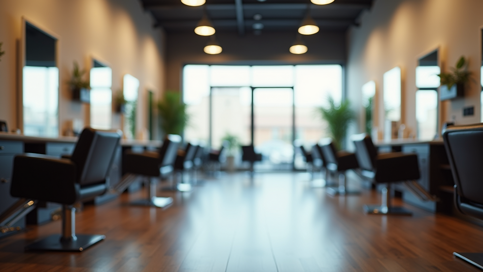 Eye-level view of a modern hair salon interior with empty chairs