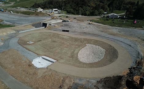 Aerial view of sediment retention basin constructed for environmental compliance