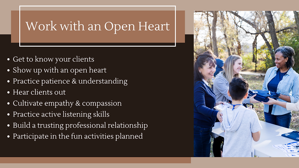 a title card stating work with an open heart and adults doing community services handing out resources with a list of ways to be kind and compassionate for human service professionals and social workers to ensure workplace safety when working in human service settings or group homes.