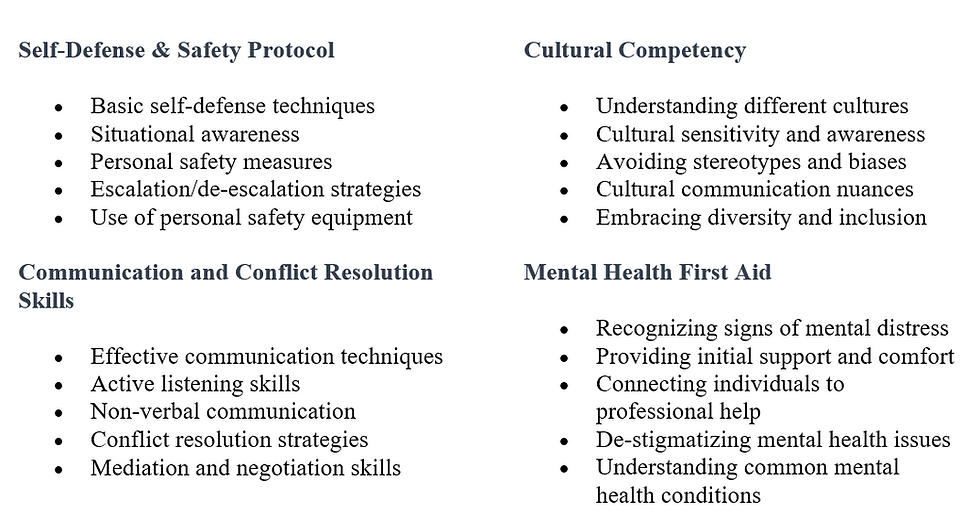 Seek out additional training such as self-defense & safety protocols, cultural competency, communication and conflict resolution skills, mental health first aid