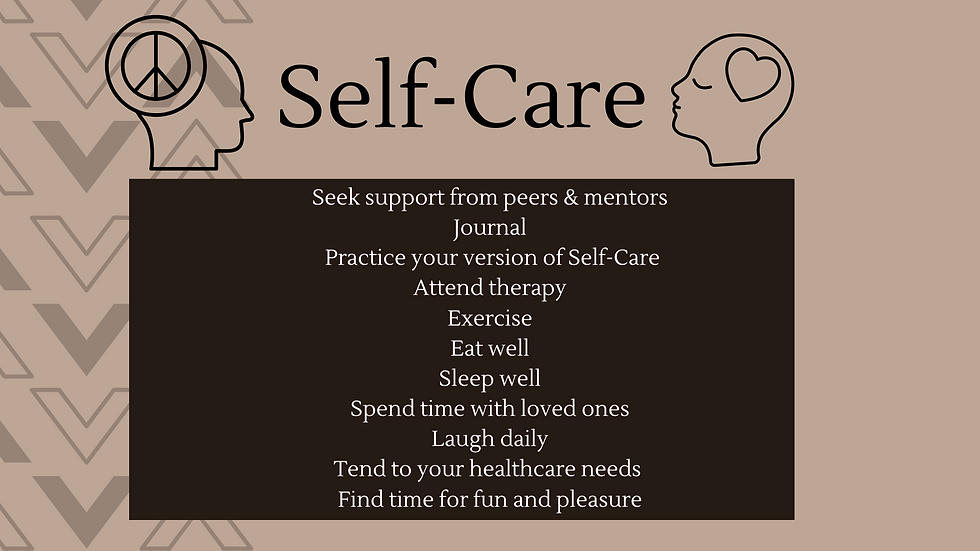 a title card with the title self-care with a list of self-care practices for human service professionals and social workers to ensure workplace safety when working in human service settings or group homes.