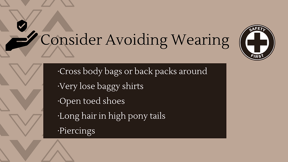 A title card listing how specific personal items to avoid wearing in certain human service and group home settings for human service professionals, social workers, and helping professionals to ensure workplace safety.