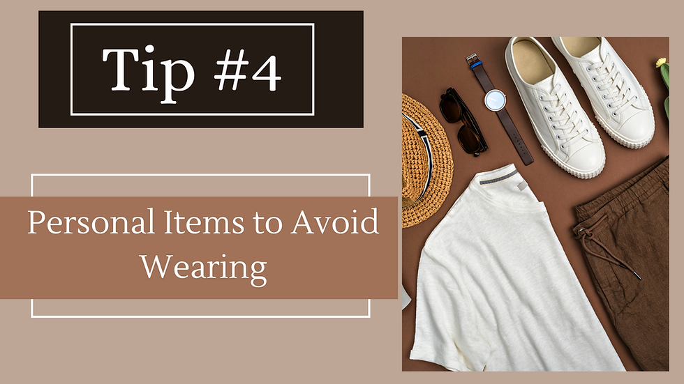 A title care stating personal items to avoid wearing to a human service setting or group home setting for social workers and human service professionals to ensure workplace safety.