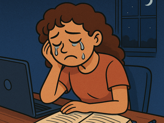 A sad young woman with curly brown hair sits at her desk late at night, tears streaming down her face as she studies from an open chemistry textbook, with a laptop glowing beside her and a crescent moon visible through the window.