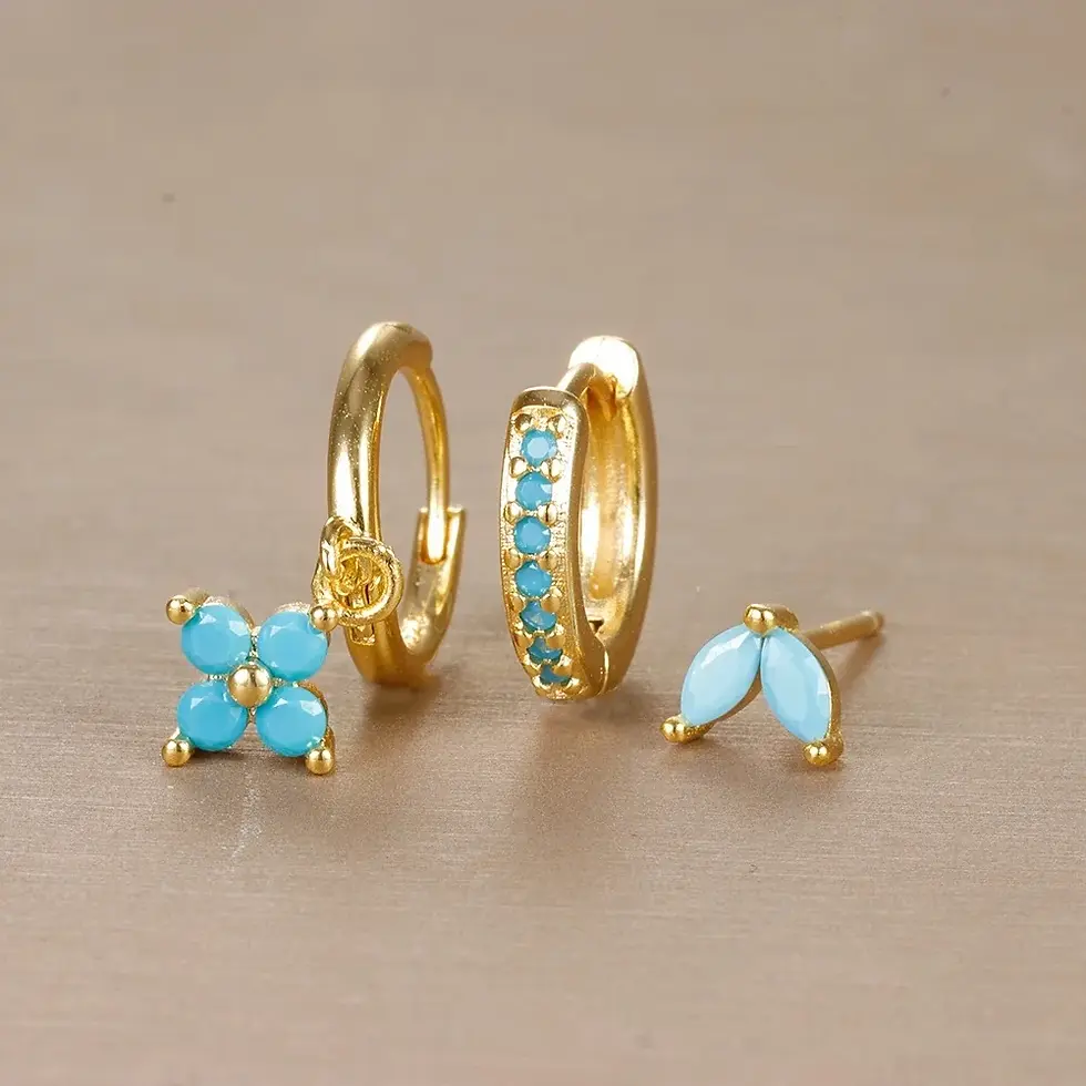 Miniatura: Stainless Steel Flower Drop Earrings with Cubic Zirconia for Women - 3 PCS Set