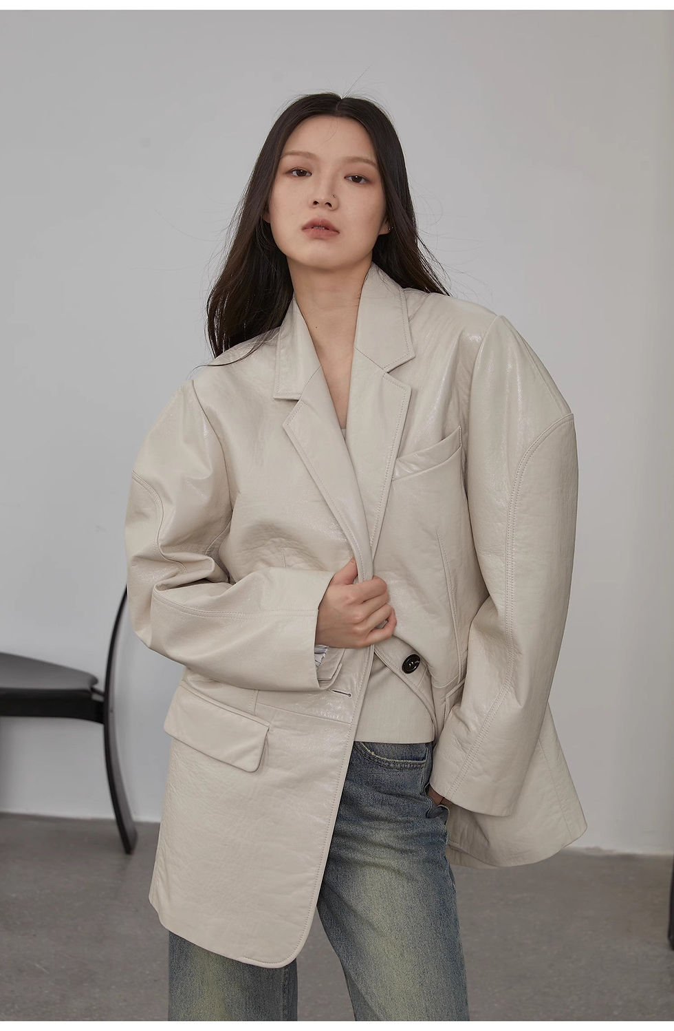 Miniature : Lace-Up Suit Leather Jacket Textured Genuine Leather Jacket