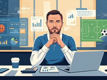 a man surrounded by infographics of soccer and basketball