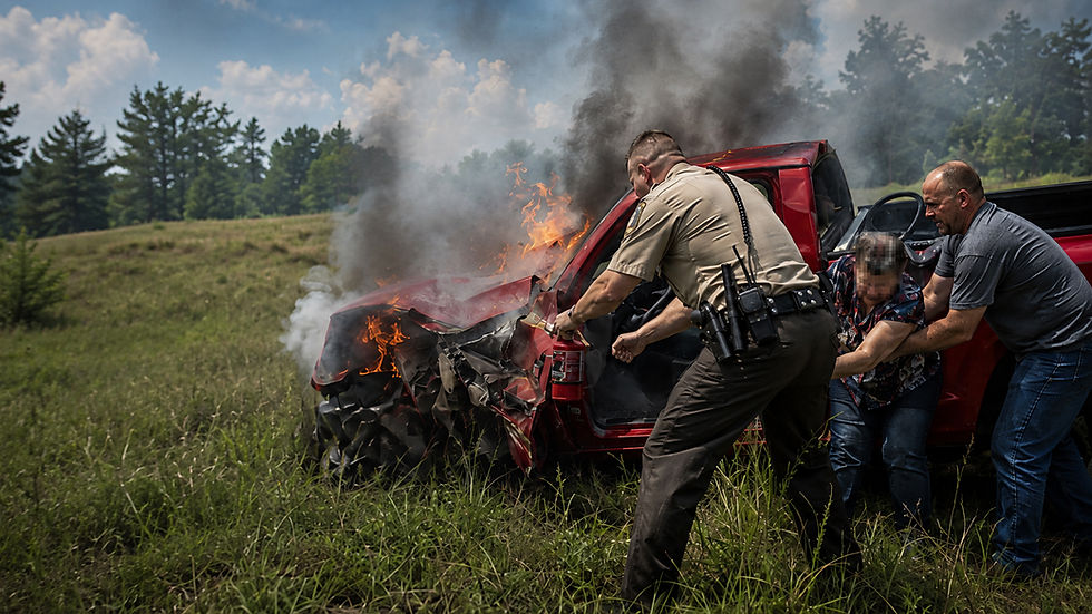 Deputy and bystander rescuing a driver from a burning red pickup truck.