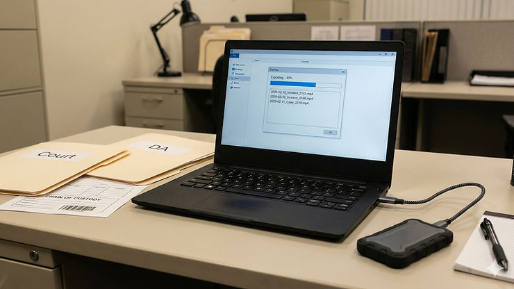 Laptop exporting MP4 evidence files to external storage for court and prosecutor sharing