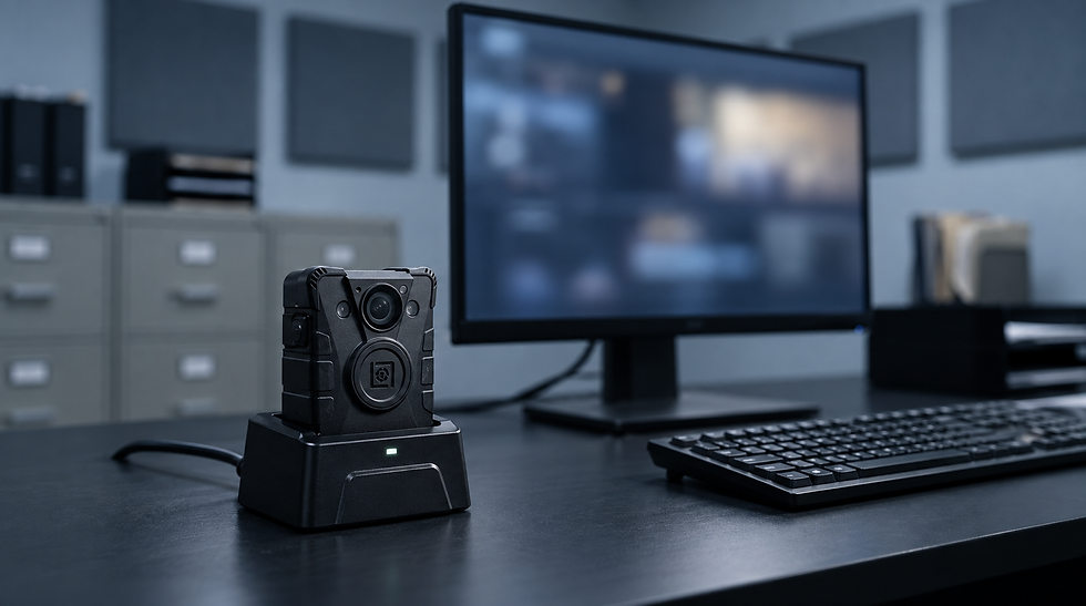 LensLock body camera seated in a docking station beside a secure evidence workstation