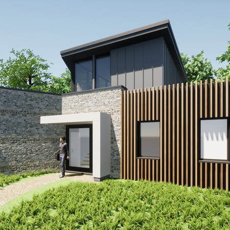 Downe - Planning permission secured for the demolition of an existing cattery and the construction of a contemporary family dwelling. The application site was constrained by trees, in the Green Belt and Area of Outstanding Natural Beauty.