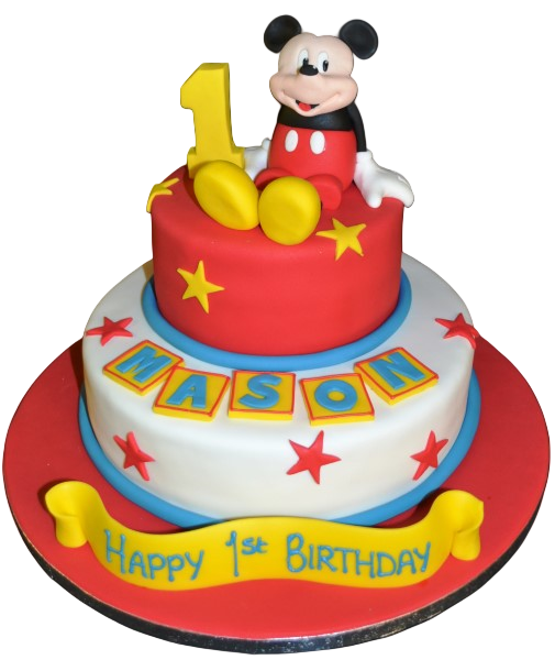 A festive cake with a Mickey Mouse theme, featuring a duo of designs and star decorations - perfect for Disney fans and special occasions.