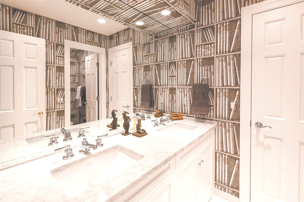 “Ex Libris,” Fornasetti wallpaper by Cole & Son, smartens up a Pound Ridge bathroom. Design: Margaret Wilson. LAURA S. WILSON StUDIO PHOTO