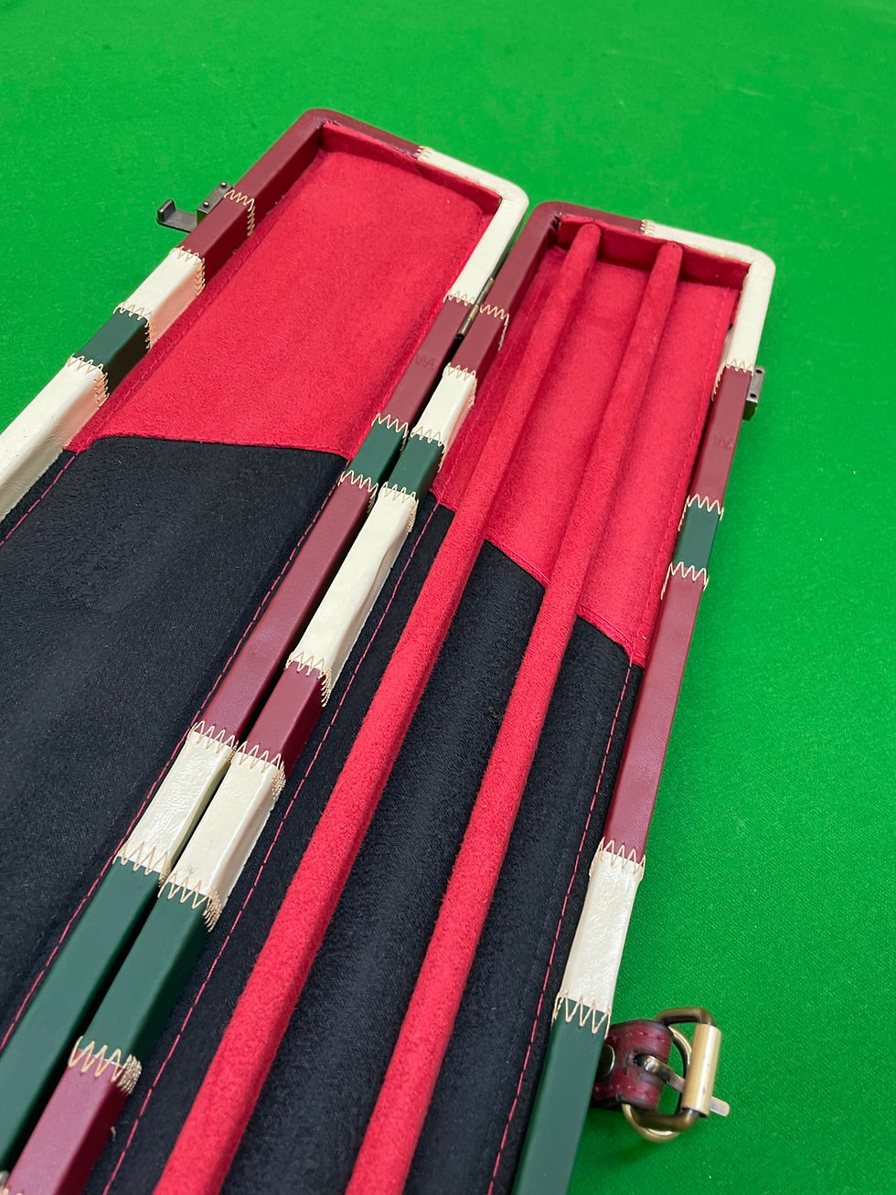Thumbnail: 3/4 3 Slot Luxury Cue Case with Straps Burgundy Green Cream Patchwork