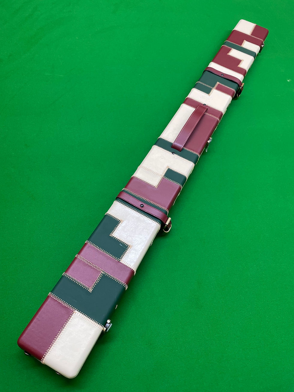 Thumbnail: 3/4 3 Slot Luxury Cue Case with Straps Burgundy Green Cream Patchwork