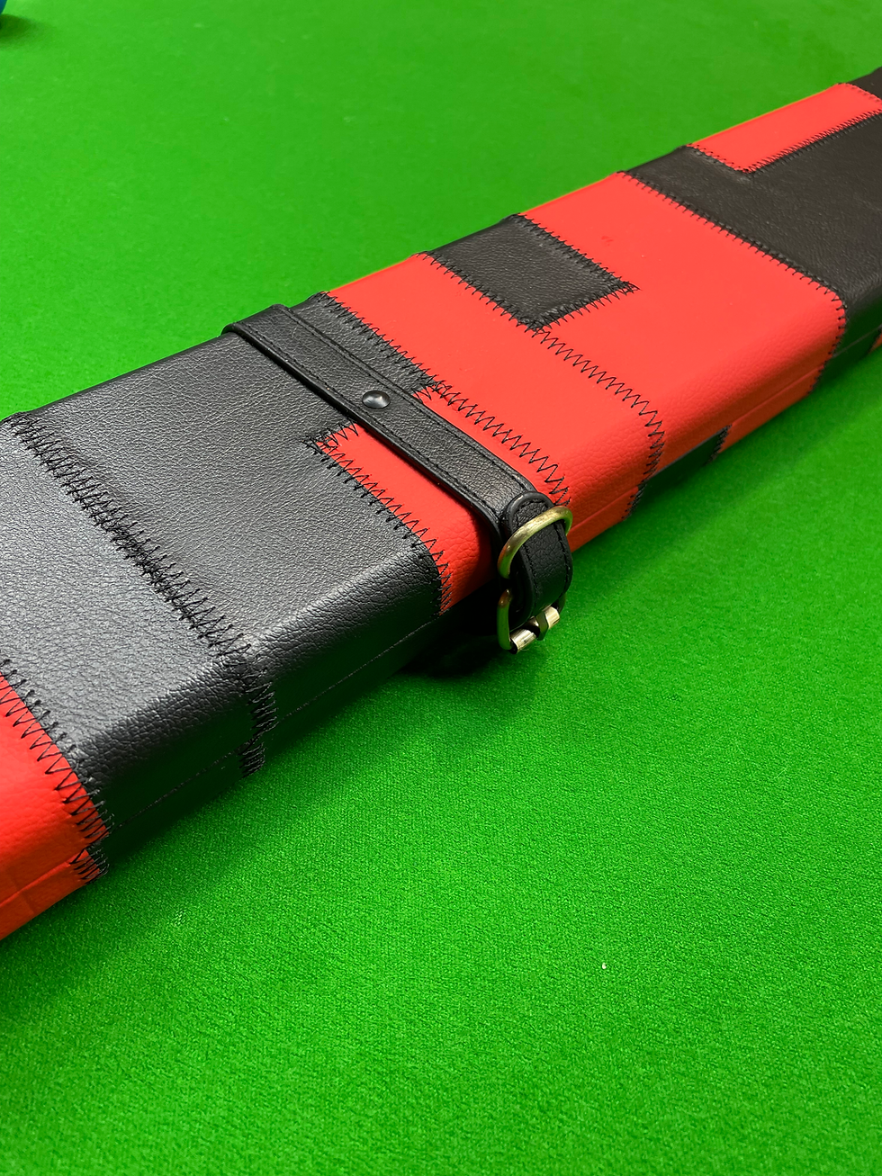 Thumbnail: 3/4 3 Slot Red & Black Patchwork Cue Case with Straps