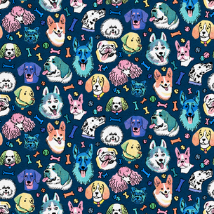 an illustrated pattern of lots of dogs of different breads. They are scattered among dog bones and tennis balls.
