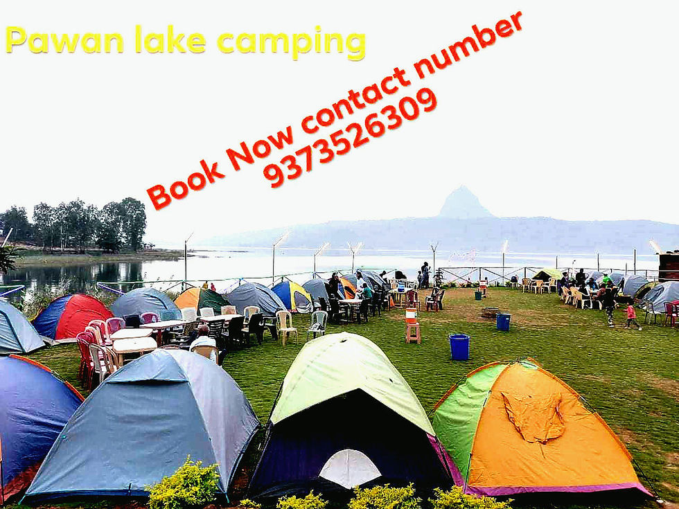 Camping tents on a grassy field by a lake, with mountains in the background. Text reads "Pawan lake camping" and contact number.