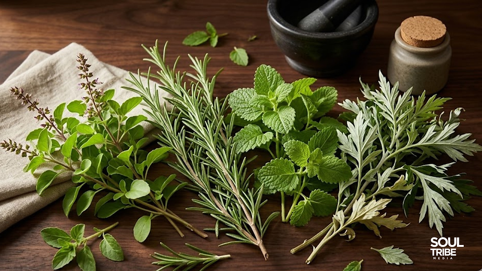 A professional botanical still-life of four medicinal herbs—Holy Basil, Rosemary, Lemon Balm, and Mugwort—arranged on a dark walnut wood surface with a stone mortar and pestle in the background. Soultribe Media sign logo