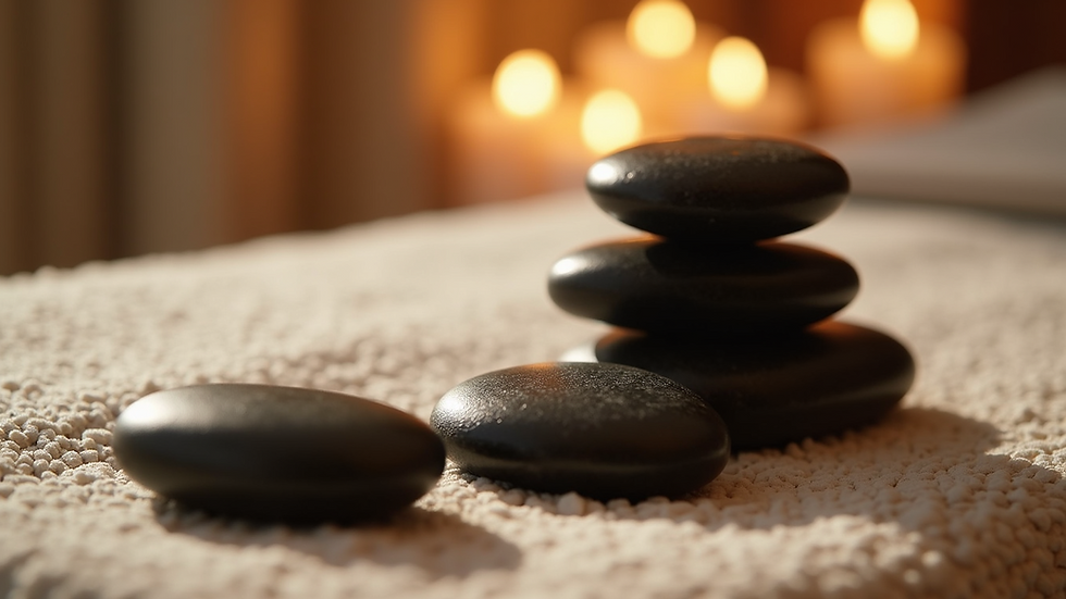 Close-up view of hot stones arranged on a massage table