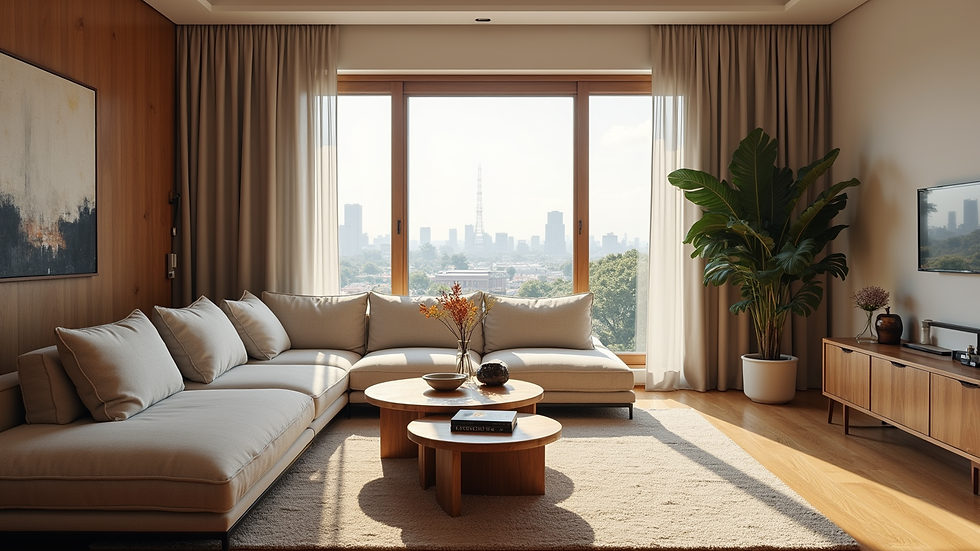 Wide angle view of a beautifully designed living room with cultural elements