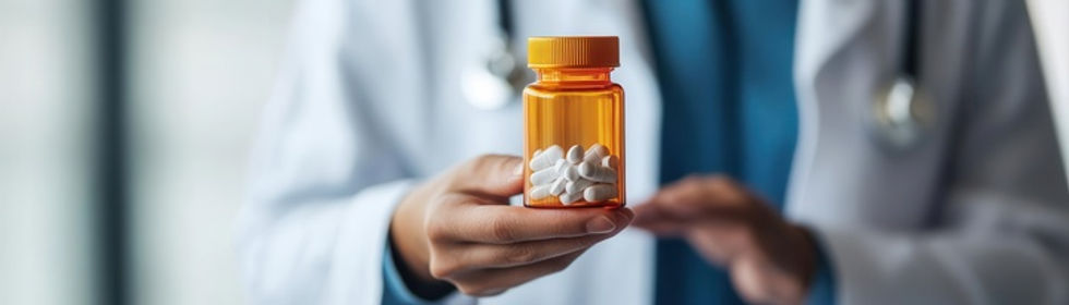 A person in a white lab coat holds an orange pill bottle filled with white tablets