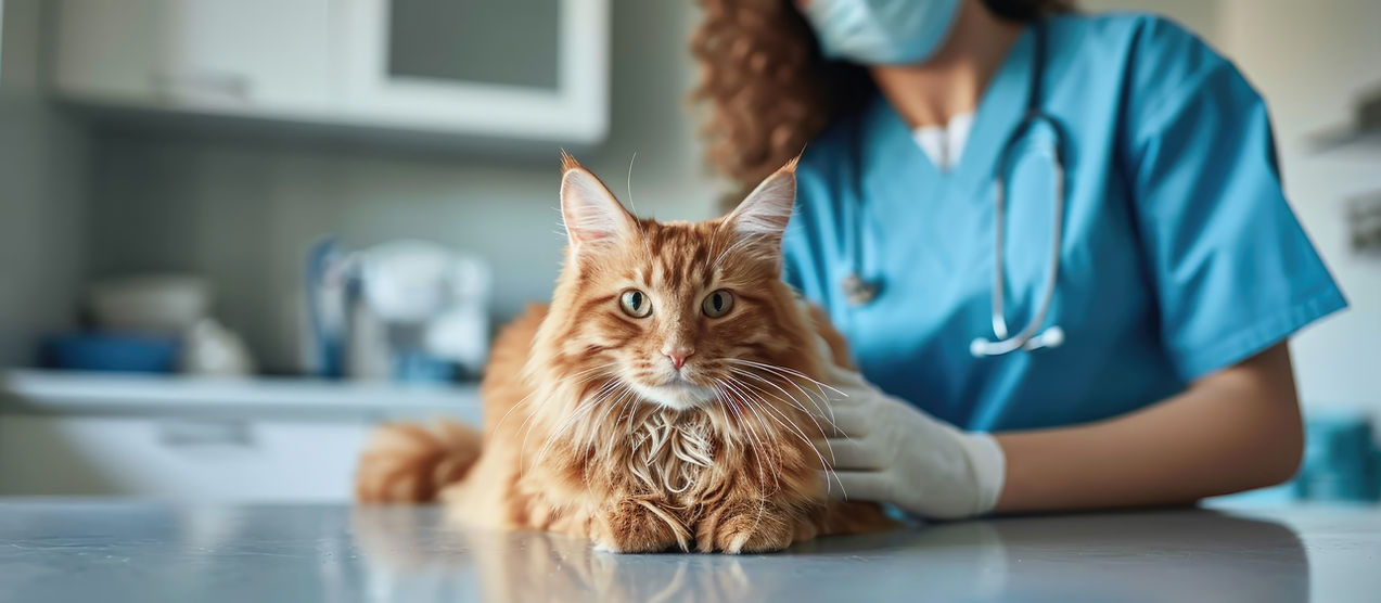 A vet holding a cat on a table