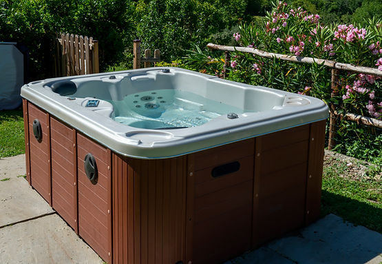 Outdoor hot tub on a backyard patio surrounded by lush greenery and flowering shrubs.