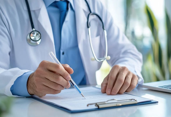 A doctor sits at a desk, writing on a clipboard