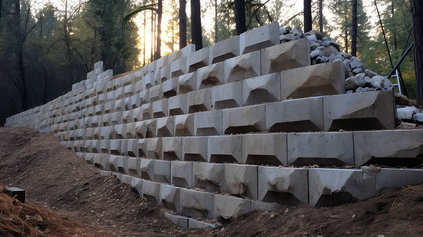  A large, tiered retaining wall made of interlocking concrete blocks with a rugged texture