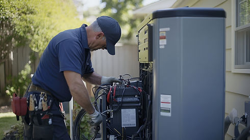 A technician in a blue uniform and cap works on an outdoor generator next to a house,