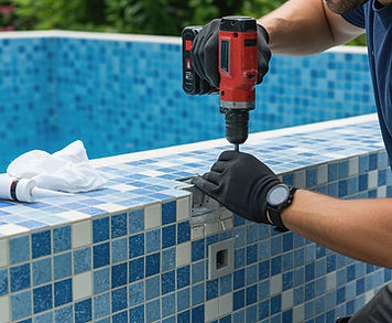 Pool Repairman Using Drill on Tile pool repair pool maintenance 
