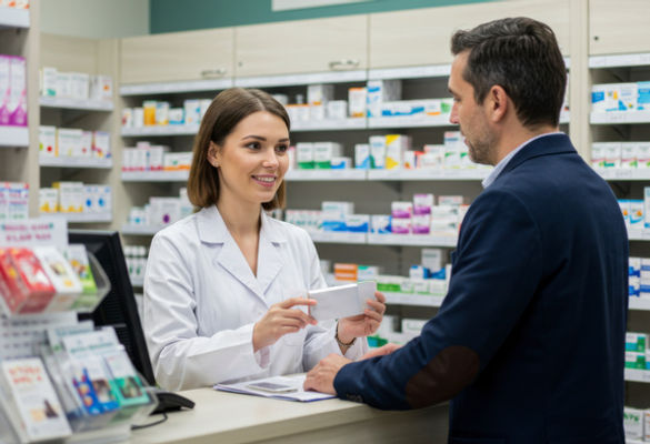 A female pharmacist handing a prescription to a male customer