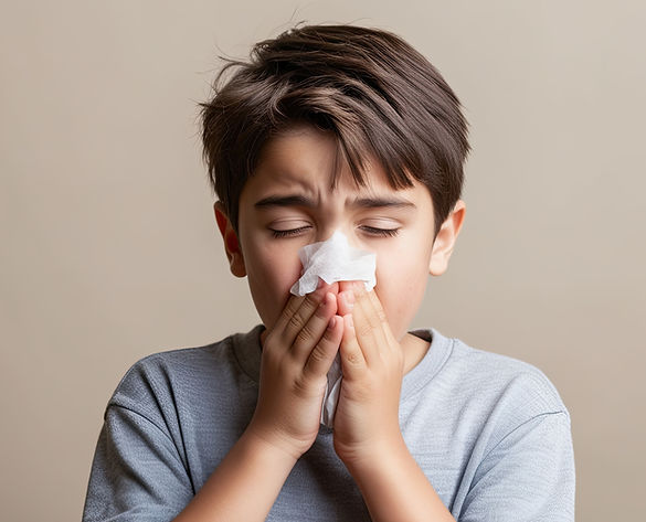 A young boy wearing a gray shirt holds a tissue to his nose