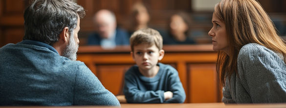 In a crowded courtroom, parents intensely argue about child custody while their young son