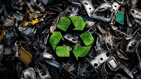 Green recycle symbol over pile of crushed