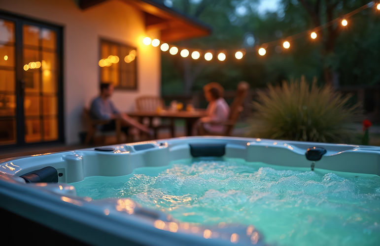Outdoor hot tub with bubbling water on a cozy backyard patio at dusk.
