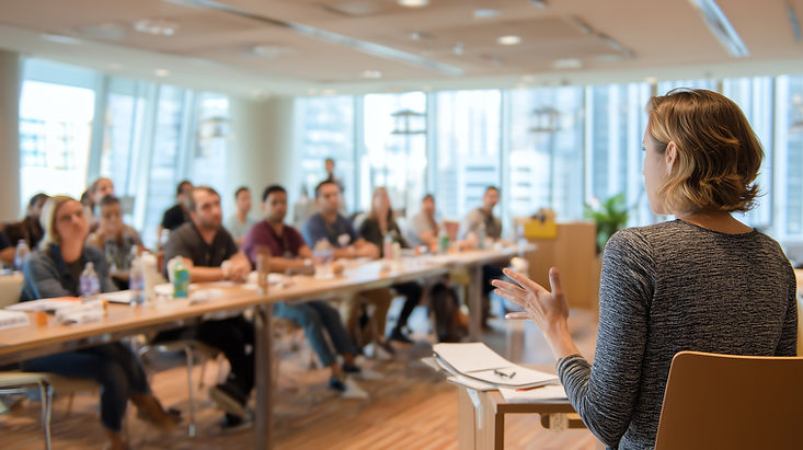 Presenter leading a corporate orientation session with new hires in a modern meeting room