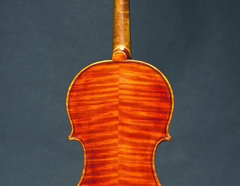 back view of a violin showing its flamed maple wood grain