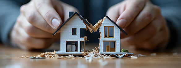 Hands splitting a model house into two, symbolizing divorce