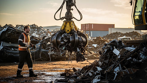 Man working at a scrapyard using a crane to lift metal debris
