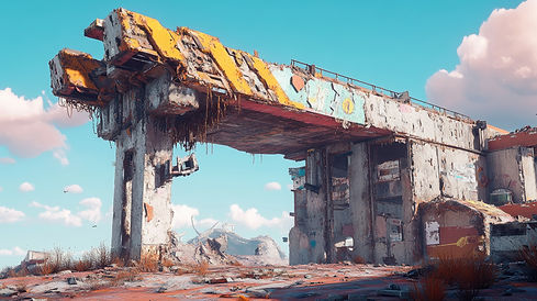 Rusted, graffiti-covered overpass in a dystopian landscape